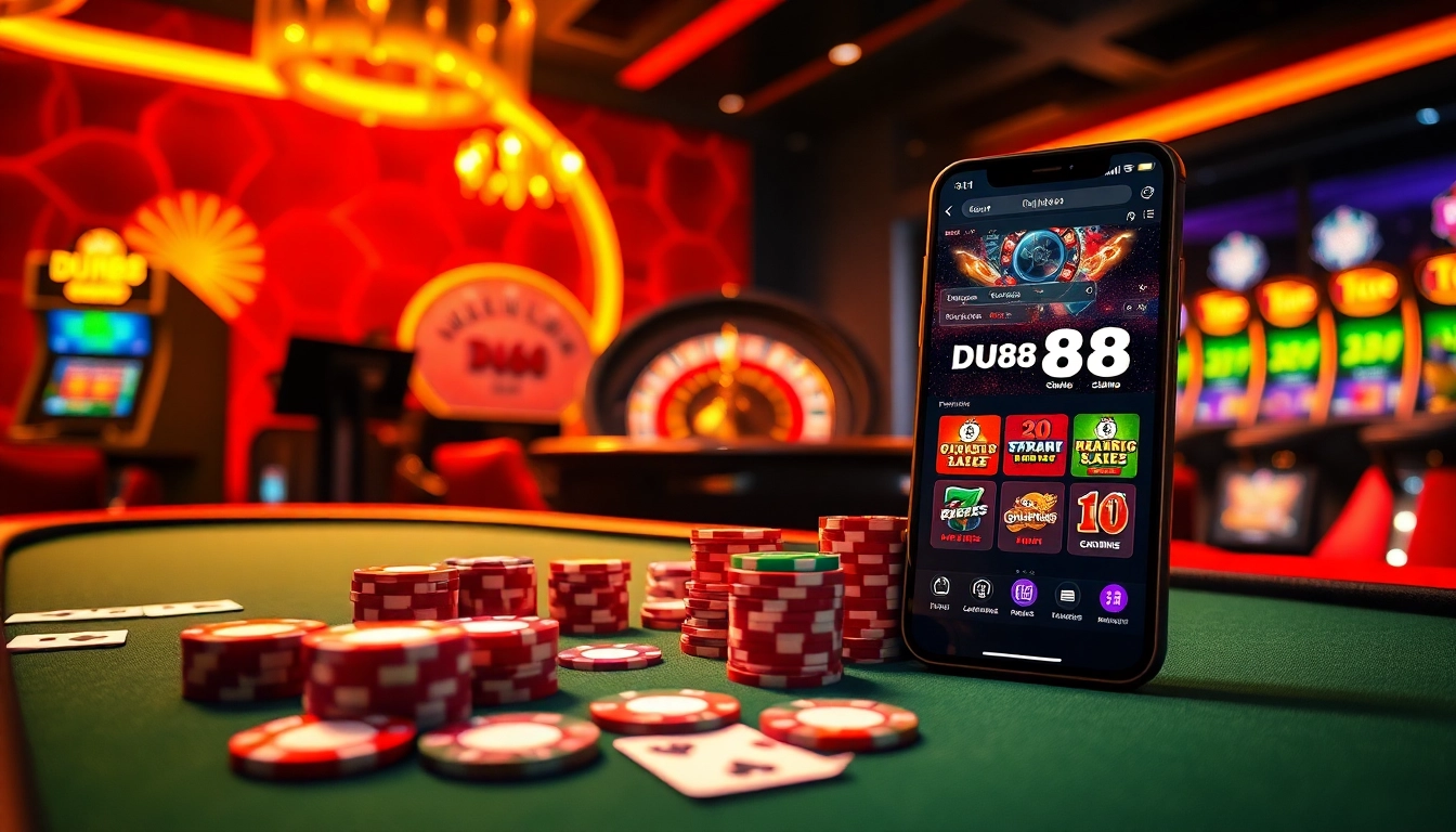 Experience high-stakes action with DU88's thrilling casino scene featuring vibrant tables and online betting.