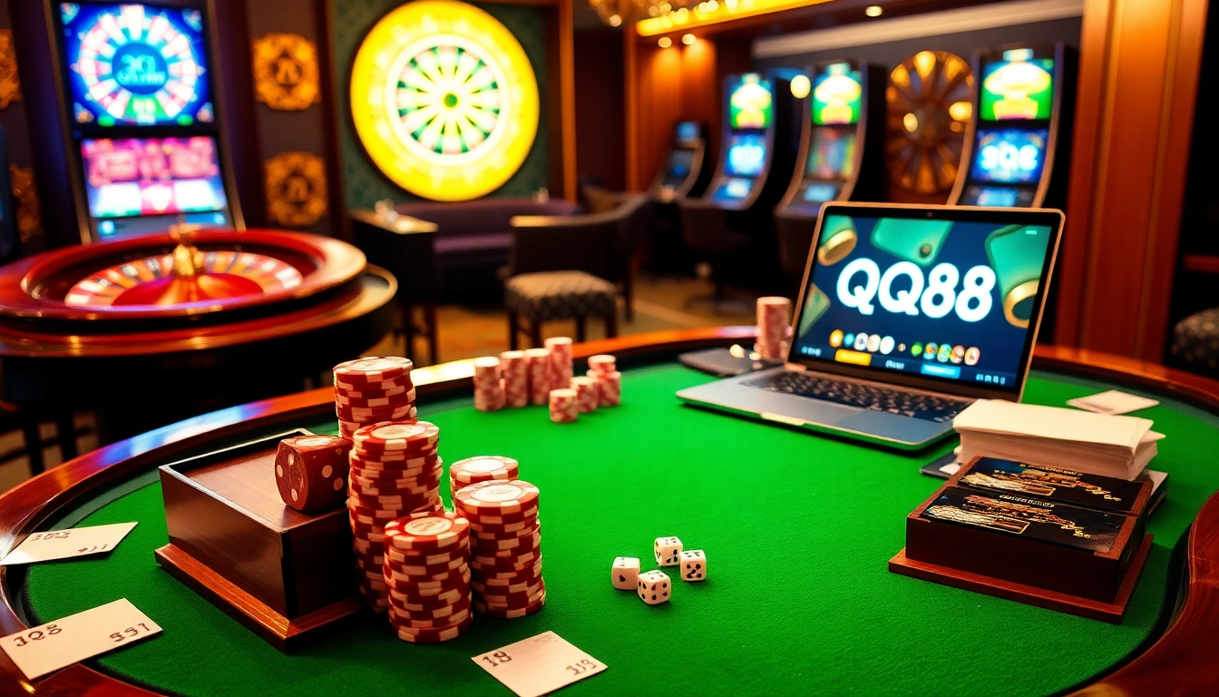 Experience thrilling online betting with the vibrant QQ88 gaming scene featuring casino tables, poker chips, and roulette wheels.